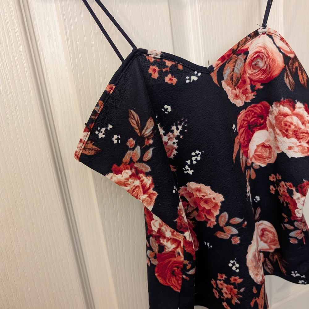 SHEIN Navy Floral V-Neck Cami with Pink and Red Roses